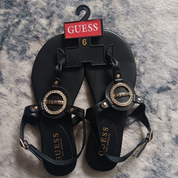 Guess Katy Rhinestone T-Strap Sandal Black Size 6 - Picture 1 of 6